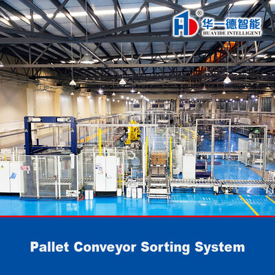 Sistema di smistamento con trasportatore a pallet per sistema ASRS (Automatic Storage and Retrieval System) e scaffalature per magazzino