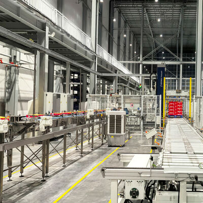Sistema di smistamento con trasportatore a pallet per sistema ASRS (Automatic Storage and Retrieval System) e scaffalature per magazzino